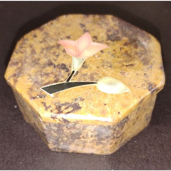 Vintage Stone Octagon Trinket Box with Inlaid Floral Design Brown Marble - Picture 1 of 3